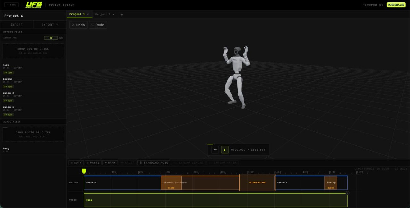Screenshot of the UFB motion editor interface
